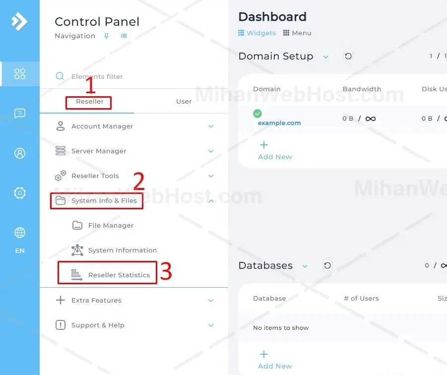 مشاهده میزان فضا و پهنای باند در نمایندگی دایرکت ادمین
