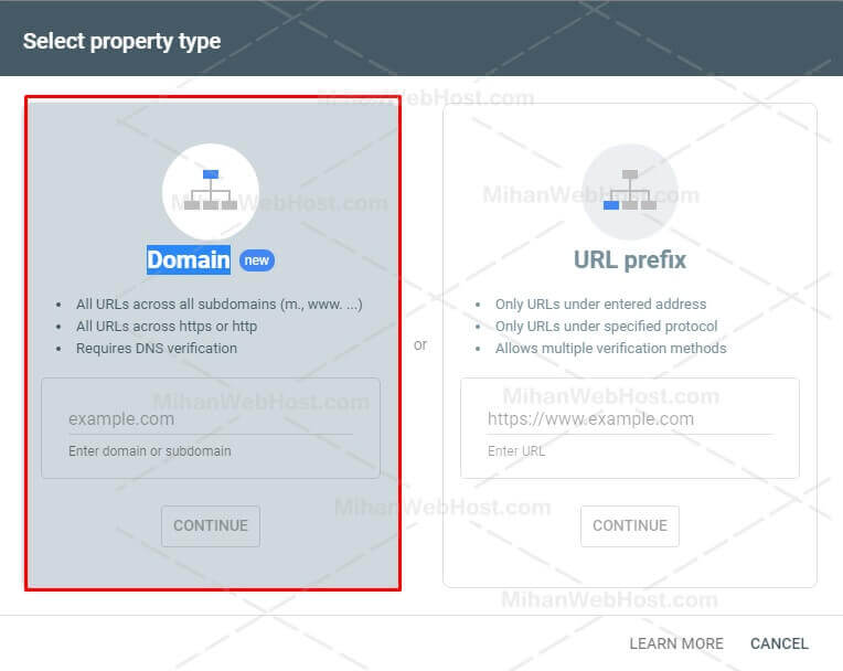 انتخاب گزینه تایید از طریق Domain